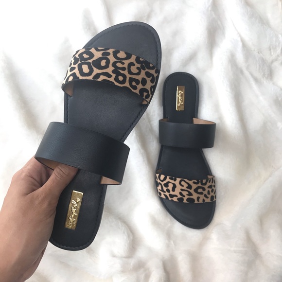 Black & Leopard Print Double strap Slide Sandals - Picture 4 of 8